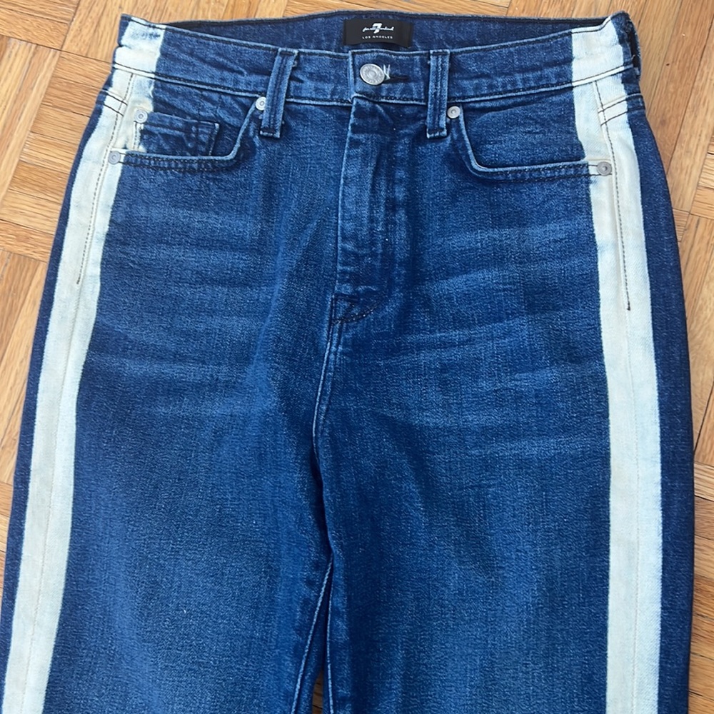 7 For All Mankind high waisted blue denim jeans with white stripe details - Picture 3 of 5